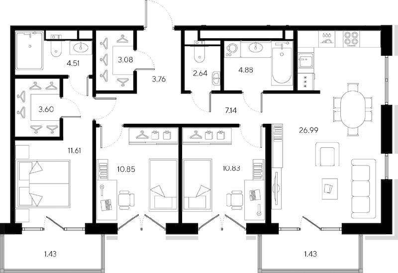 3-комнатная квартира 89.89 м², 8/9 эт., ЖК «LEGENDA Большой 67»